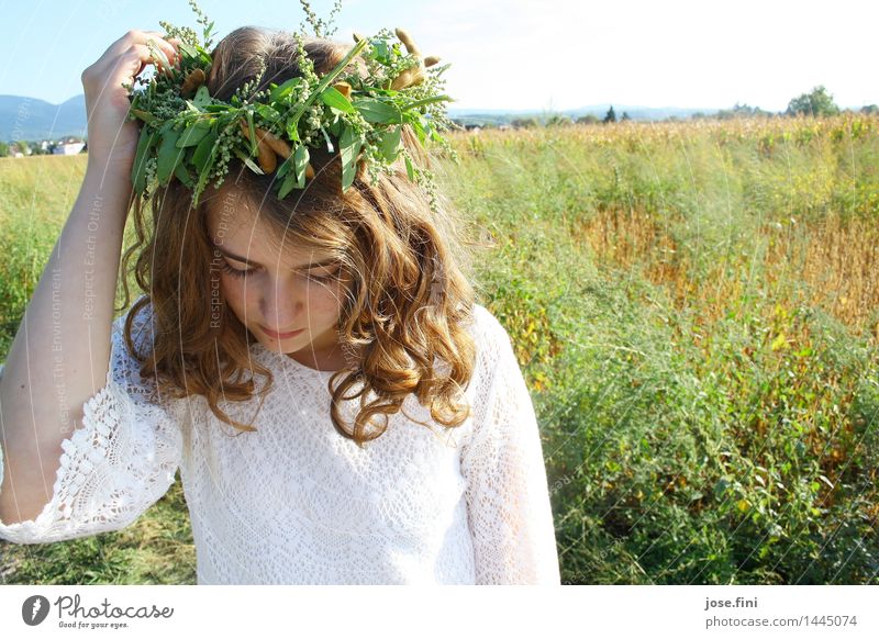 queen of the meadows Happy Feminine Child Girl Young woman Youth (Young adults) Nature Landscape Beautiful weather Plant Field Wreath Flower wreath Curl Think