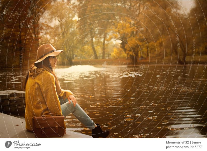 November at the lake Human being Feminine Body 1 18 - 30 years Youth (Young adults) Adults Nature Water Sunlight Autumn Park Lakeside Fashion Sweater Hat