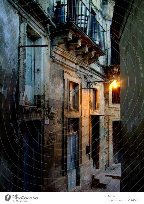 Mysterious alley House (Residential Structure) Italy Sicily Romance Dark Lighting Balcony Alley Lanes & trails Historic Window Lamp Stairs Door Flat (apartment)