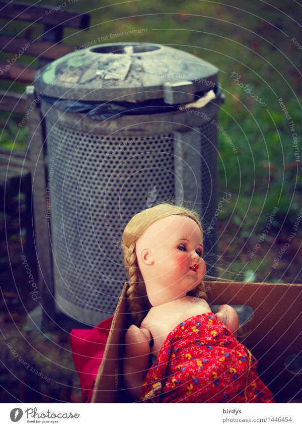 destiny Park Toys Doll Trash container Wastepaper basket Cardboard Smiling Looking Sadness Old Creepy Broken Feminine Emotions Death Pain Disappointment