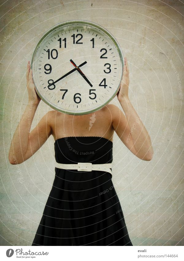 impatient Clock Woman Adults Clothing Dress Belt Wait Black White Date Time Strait Impatience Colour photo Portrait photograph