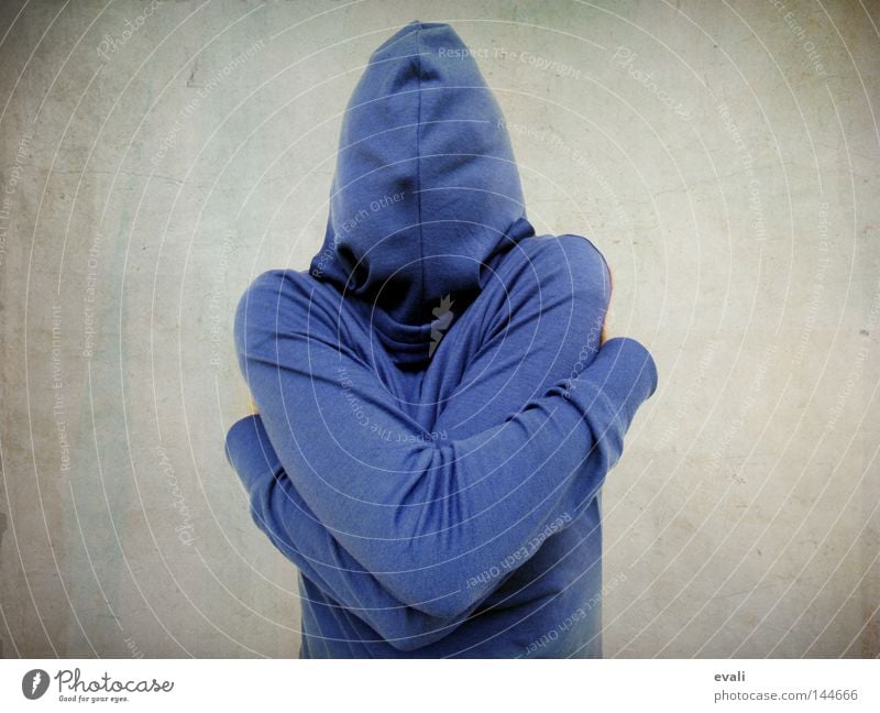 Shy Portrait photograph Timidity Hooded (clothing) Embrace Hide shy Blue Fear scared