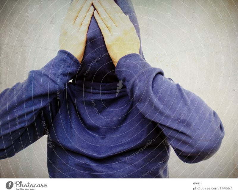 Shy Portrait photograph Timidity Hooded (clothing) Hand Hide shy hands Blue Fear scared