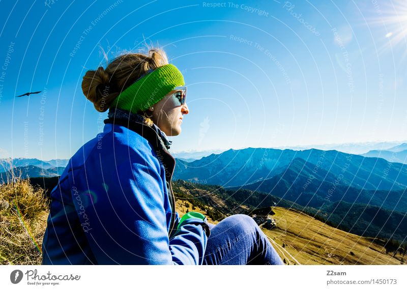 That's the top! Leisure and hobbies Mountain Hiking Feminine 1 Human being 18 - 30 years Youth (Young adults) Adults Bushes Alps Peak Jacket Sunglasses Headband