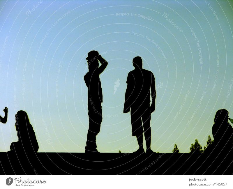 Standing while taking his hat Relaxation Friendship Cloudless sky Derby Simple Together Identity Posture Subdued colour Neutral Background Silhouette Sunlight