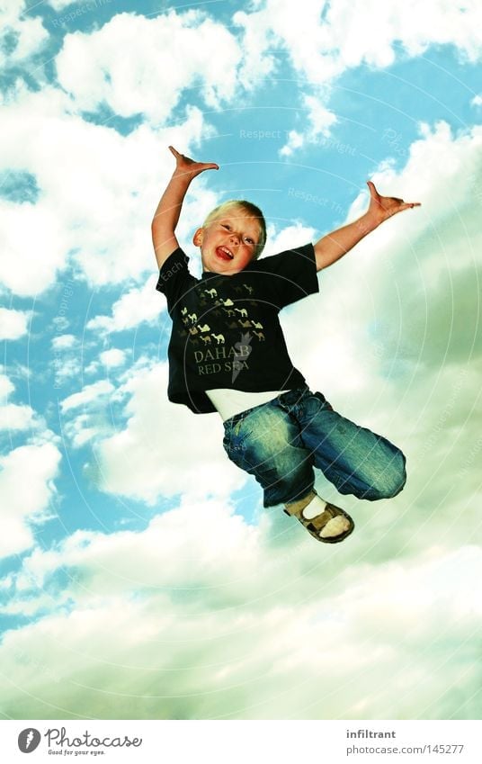 I can fly Boy (child) Child Jump Flying Upward Sky Clouds Hop High spirits Wild Joy Tall Above Funsport Aviation