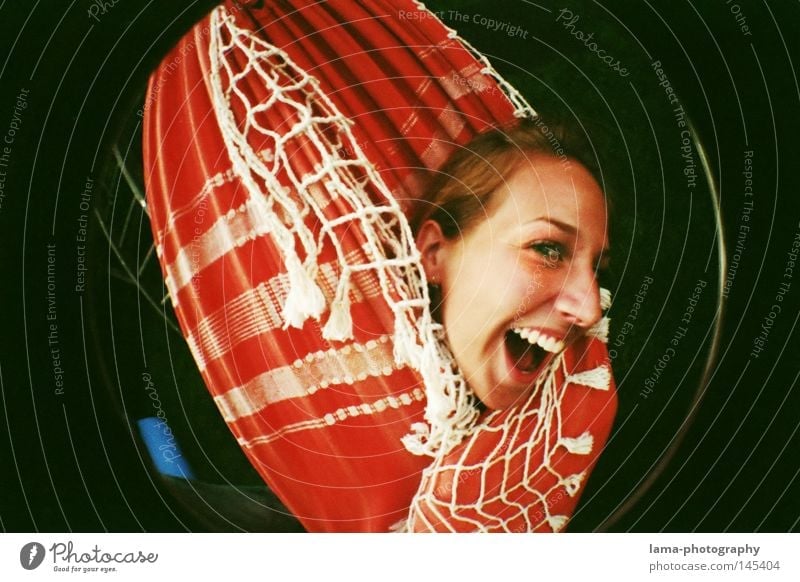 THE BRIGHT SIDE OF LIFE Joy Relaxation Woman Hammock Packaged Cover up Crazy Happiness Playing Leisure and hobbies Beach Grimace Fisheye Round Snapshot