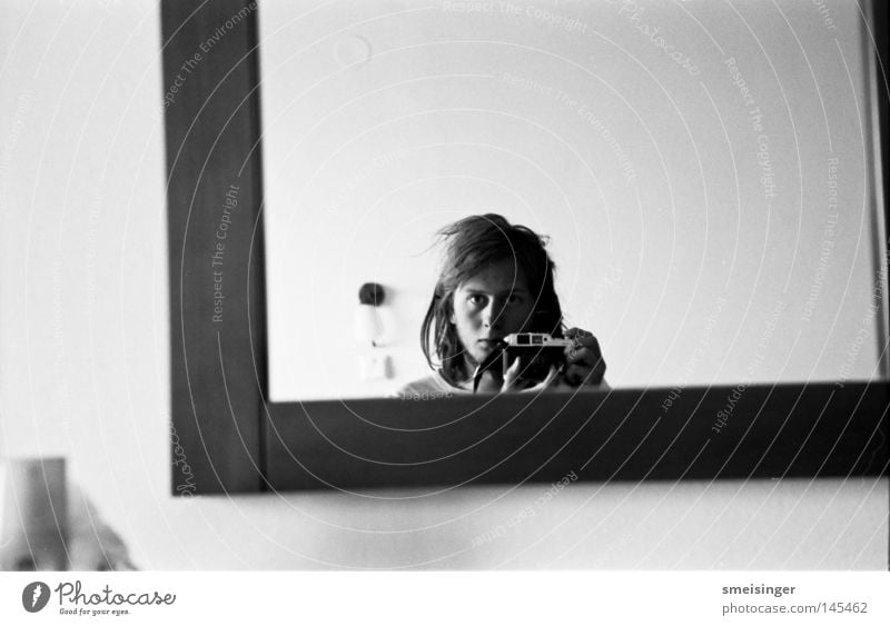 hair where upstairs there's a little bit of standing back. Self portrait Mirror Black & white photo Hotel room Contrast White Nose Face Mouth Man