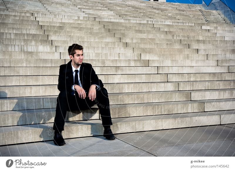rest Life Education Business Masculine Man Adults Town Building Stairs Suit Concrete Stress Break Transience Time sitting resigned businnes seated resignation