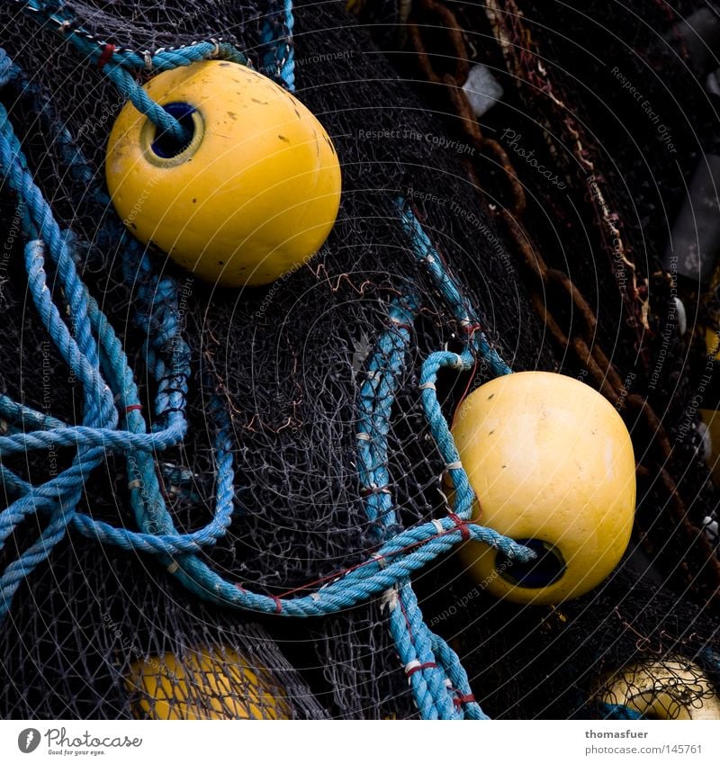 Fishing net with balls Ocean Fishery Blue-yellow Summer Vacation & Travel Relaxation Dream Baltic Sea Network Lake Maritime Heap Stack Canned fish Fishing boat