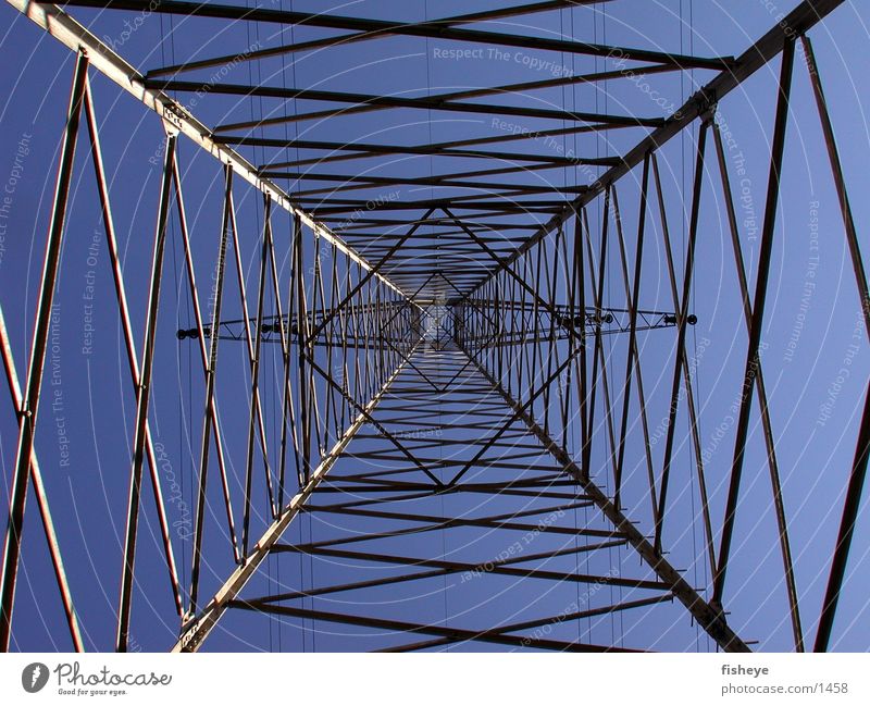 steel sky Electricity pylon Steel Construction Grating Architecture Sky Energy industry Transmission lines Blue