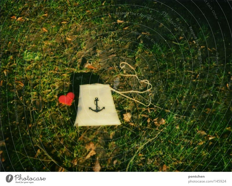 A small bag printed with an anchor lies in the grass next to a red plastic heart. Love and faithfulness. Polaroid Design Nature Earth Autumn flaked Park Meadow