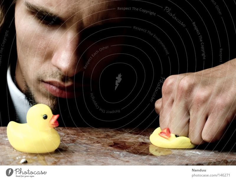 Sing, bird, sing! Duck Squeak duck Sneaky Questioning Beat Force Innocent Man Human being Mafia Fist Squash Torture Torment Evil Maltreatment Bird Might