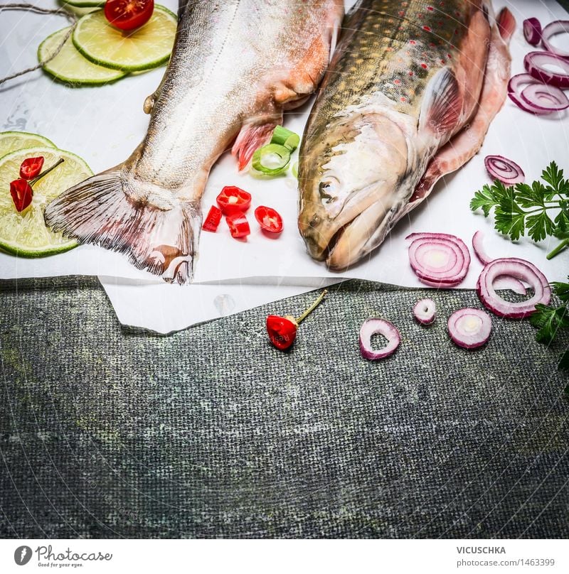 Fish with cooking ingredients Food Vegetable Herbs and spices Nutrition Lunch Dinner Banquet Organic produce Vegetarian diet Diet Healthy Eating Life Table