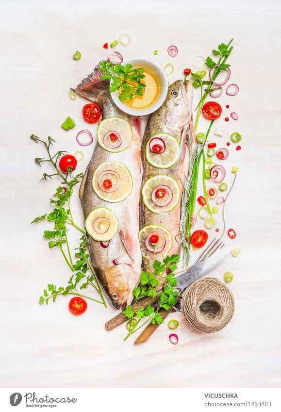Fish and tasty ingredients for healthy food Food Vegetable Herbs and spices Cooking oil Nutrition Lunch Dinner Banquet Organic produce Vegetarian diet Diet Bowl