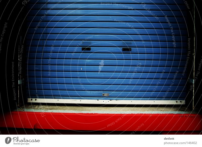 Closed Gate Highway ramp (entrance) Garage Blue Red Stripe Minimal Loneliness Colour Access Entrance Closing time Barred Roller blind Roller shutter