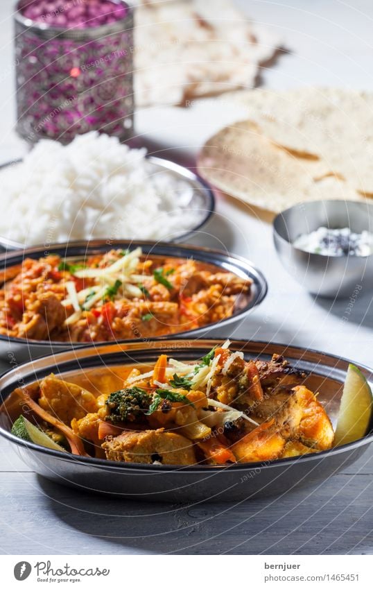 No hurry, chicken curry Food Meat Dough Baked goods Eating Dinner Asian Food Bowl Cheap Good Refrain Curry powder India Lime basmati papadam Naan Candle Rice
