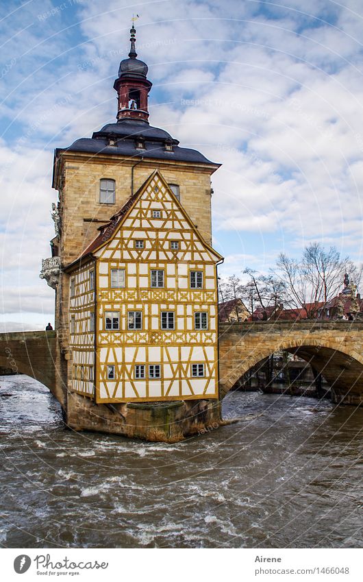 that holds Island River Regnitz river Bamberg Franconia Town Downtown Old town House (Residential Structure) City hall Bridge Architecture Half-timbered house