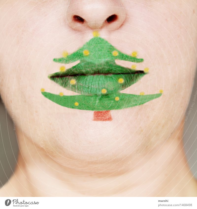 ohhhh fir tree Human being Mouth Lips 1 Sign Emotions Moody Contentment Anticipation Fir tree Christmas & Advent Christmas tree Painted Make-up Green