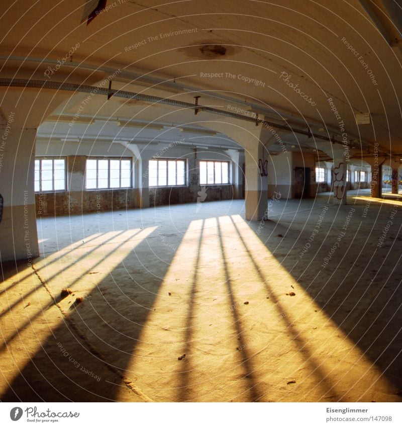 Curved space Room Window Esthetic Exceptional Yellow Column Square Empty Vacancy Derelict Warehouse Evening Light Shadow Deserted Sunlight Shadow play