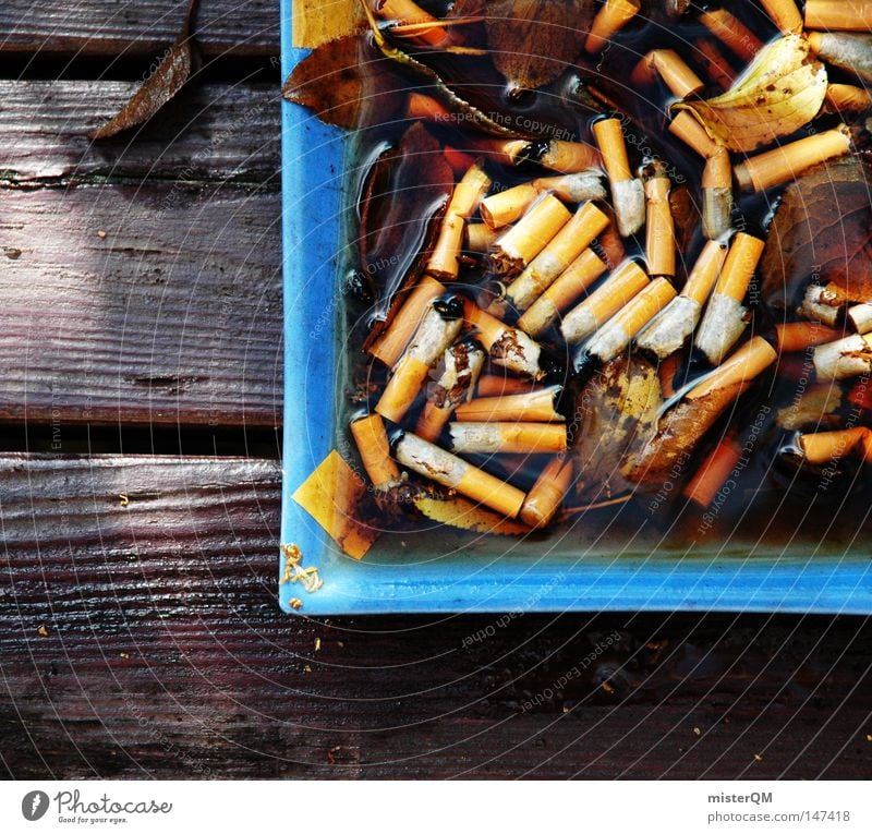 Smoker's corner - autumn day Ashtray Autumn Dark Smoking Unhealthy Poison Multiple Together Blue Wood Table Consumption Intoxicant Drug user Dependence Ashes