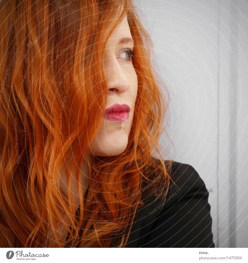 Woman with red hair looking into the distance Feminine 1 Human being Wall (barrier) Wall (building) Jacket Red-haired Long-haired Observe Think Looking Wait