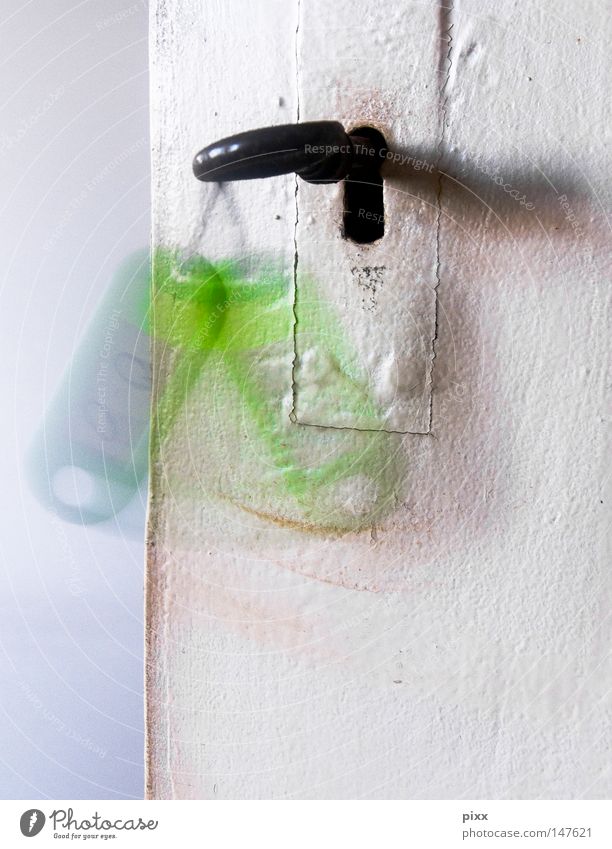 Analog firewall Room Room door Key Keyhole Closed Green Movement Motion blur Wobble Remember Accumulate Memory Old building Derelict White Metal fitting Empty
