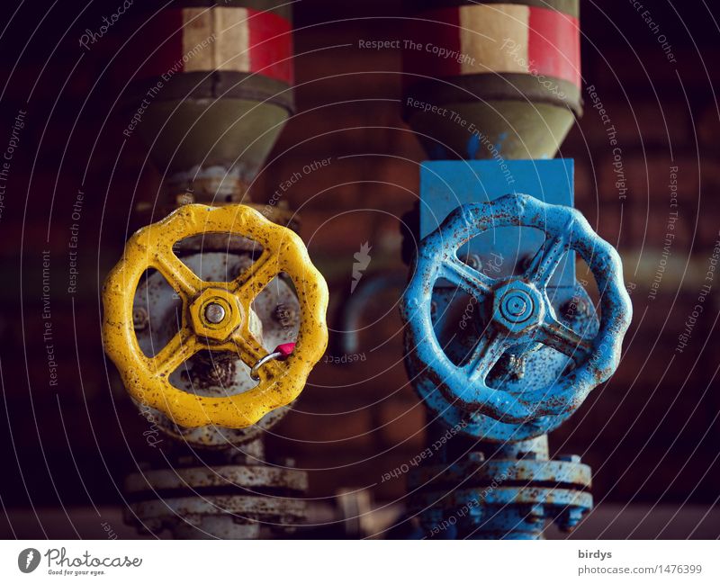 Gate valve for liquids in the colors of Ukraine blue - yellow. Gas pipeline , gate valve for Russian gas. Gas embargo Ukraine war Gas imports gas tap stopcock