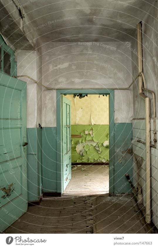 entrance Door Gate Entrance Way out Going Old Shabby Paints and varnish Contrast Ruin Room Gloomy Calm Open Empty Derelict Deserted Hallway Uninhabited