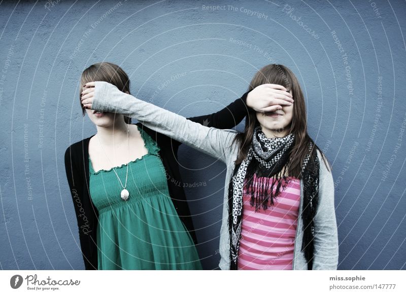 blind friendship Exterior shot Day Contrast Upper body Joy Contentment Feminine Young woman Youth (Young adults) Woman Adults Friendship Infancy Arm Scarf