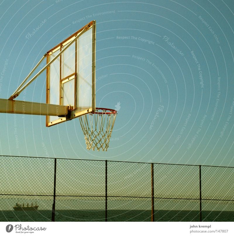 Sunk Basketball Basketball arena Playground Playing Sports Sporting grounds Ball Ball sports Confine Lower Fence Twilight Watercraft Motor barge Cargo-ship