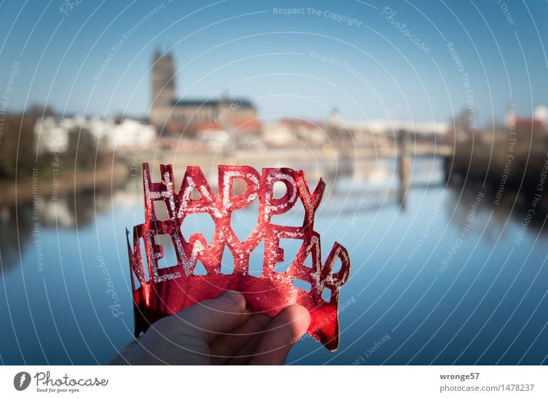 happy new year Magdeburg Germany Europe Dome Bridge Town Blue Red Black Joie de vivre (Vitality) Desire New Year's Eve Panorama (View) River Elbe Colour photo