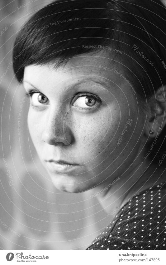 helical Young woman Youth (Young adults) Woman Adults Eyes Nose Mouth Observe Freckles Spotted Point Shoulder Black & white photo Portrait photograph Looking