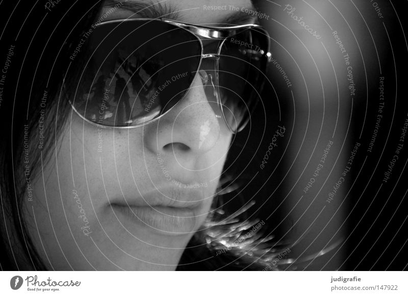 in the dark Woman Face Portrait photograph Eyeglasses Sunglasses Reflection Lips Mouth Black & white photo Calm Serene Wait Beautiful Youth (Young adults)