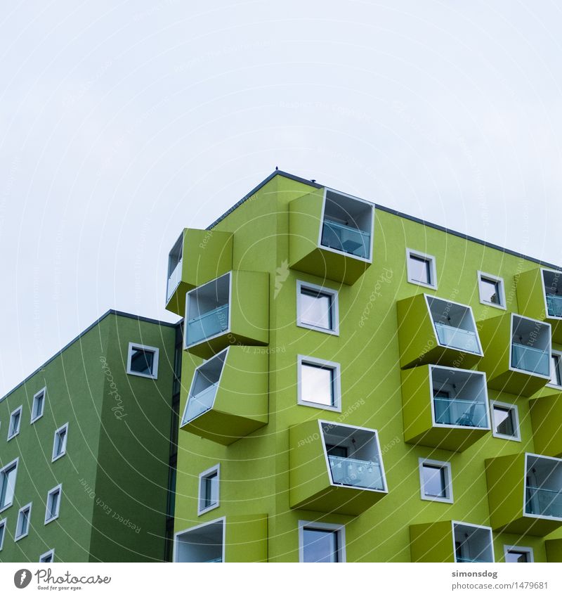 cube House (Residential Structure) Building Architecture Facade Movement Uniqueness Design Copenhagen Green Cube Minimalistic Balcony Stick out