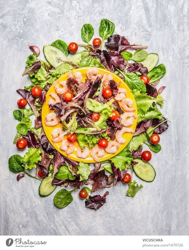 Fresh salad with prawns Food Seafood Vegetable Lettuce Salad Herbs and spices Nutrition Lunch Dinner Banquet Organic produce Vegetarian diet Diet Plate Style