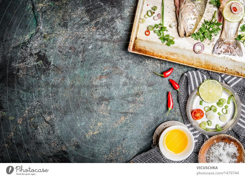 Fish cooking background with ingredients Food Vegetable Herbs and spices Cooking oil Nutrition Lunch Banquet Organic produce Vegetarian diet Diet Plate Bowl