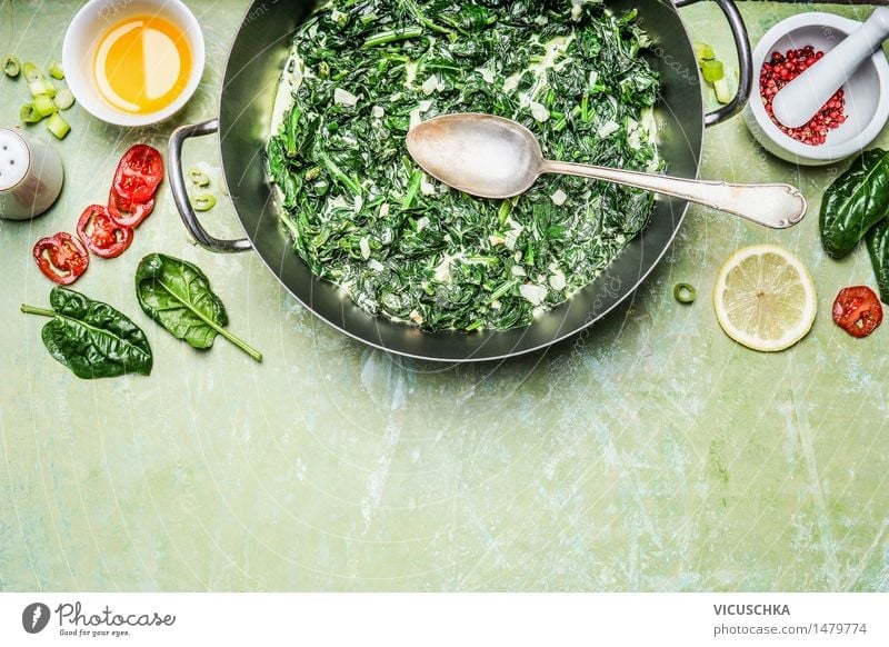 Spinach with cream sauce with ingredients and spoon Food Vegetable Herbs and spices Cooking oil Nutrition Lunch Dinner Organic produce Vegetarian diet Diet Bowl