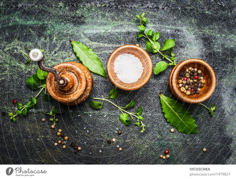 Spices in wooden bowls Food Herbs and spices Nutrition Bowl Table Yellow Design Style Gourmet Cooking salt Peppercorn Eating Food photograph Rustic Colour photo