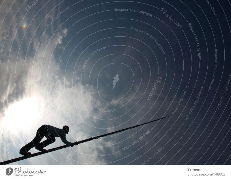 Walk The Line Sky Shadow Dark Bright Contrast Man Climbing Free-climbing Clouds Silhouette Flagpole Rod Thin Narrow Blue End Forwards Crooked Complex Brave