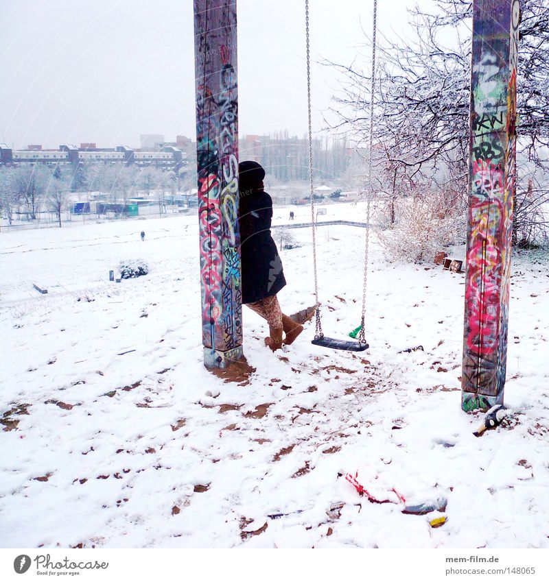 waiting in the snow Wait Ajar Woman Coat Date Lateness Berlin Swing Snow New Year's Party January December Inscription Graffiti Multicoloured Cold Embellish