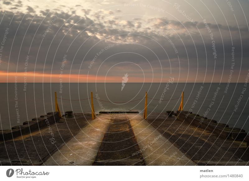 limits Landscape Water Sky Clouds Horizon Sunrise Sunset Weather Baltic Sea Deserted Navigation Blue Brown Yellow Pink Jetty Barrier Traffic lane Colour photo