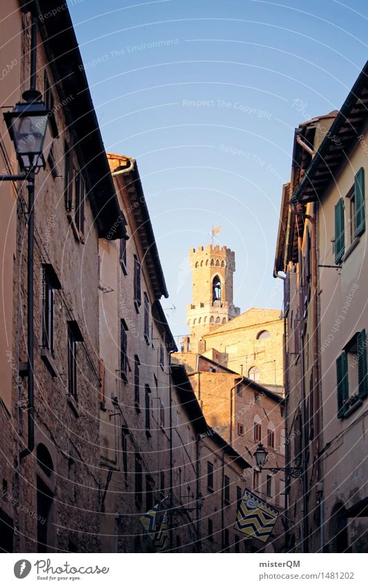Golden alley. Art Work of art Esthetic Alley Italy Italian Tower Volterra Tuscany Idyll Peaceful Mediterranean Small angled Colour photo Multicoloured