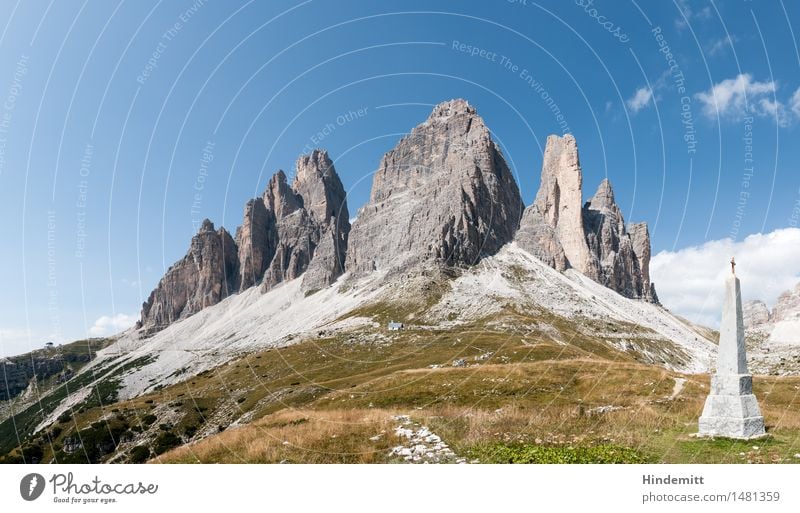 three merlons Environment Nature Landscape Plant Earth Sky Clouds Summer Beautiful weather Grass Rock Alps Mountain Dolomites Three peaks Peak Monument