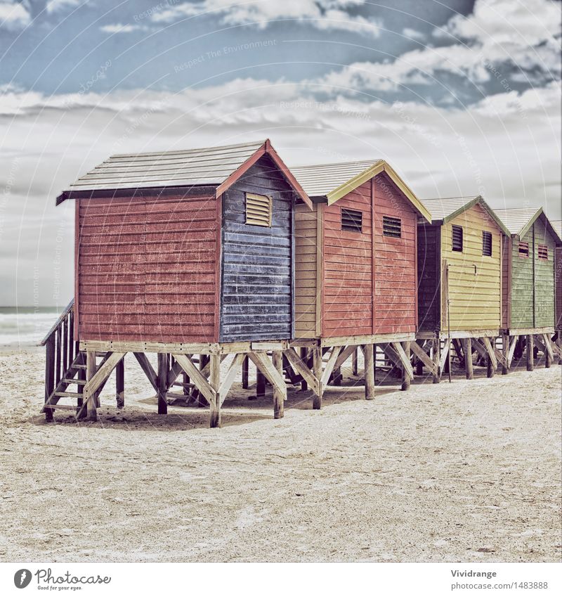 Row of painted colored beach huts Vacation & Travel Summer Beach Ocean Waves Nature Landscape Sand Water Sky Clouds Spring Autumn Winter Storm Coast Bay