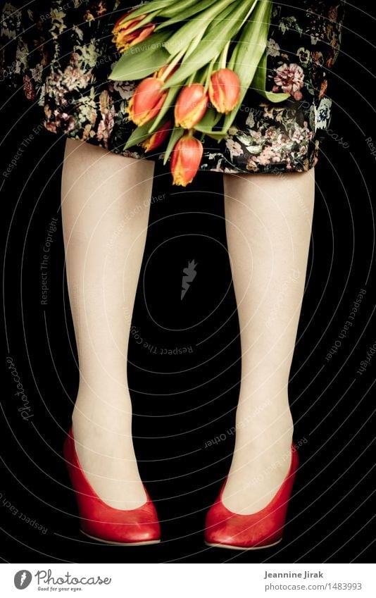 Spring with tulips Lifestyle Elegant Joy Valentine's Day Mother's Day Feminine Legs 1 Human being Flower Tulip Dress Footwear Stand Fresh Orange Red Happiness