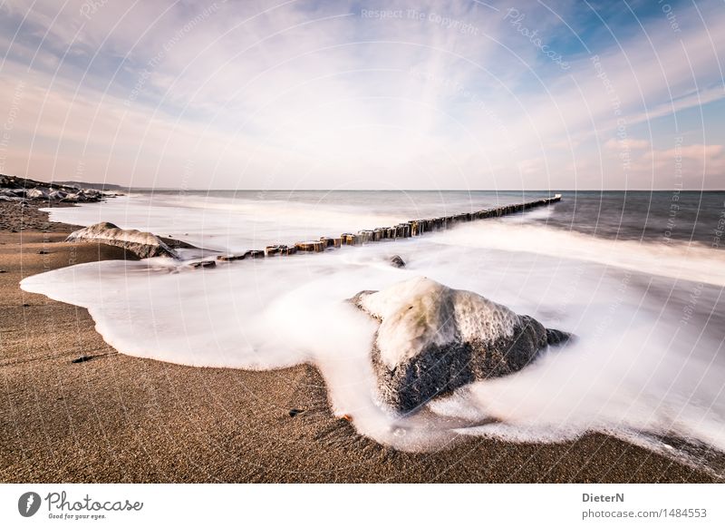 Washed round Nature Landscape Elements Sand Sky Clouds Horizon Winter Ice Frost Rock Waves Coast Beach Baltic Sea Ocean Blue Brown White Break water Stone