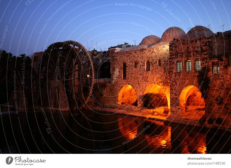 Water wheels in Hama Night sky Syria Ancient Old River Irrigation Historic Asia Brook romantic