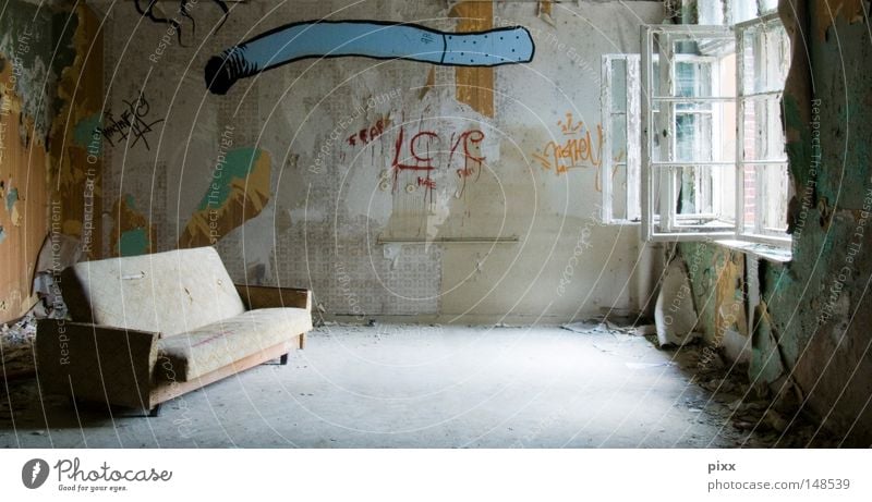 joint venture Old building Room Window Derelict Redecorate Painting (action, work) Sofa Relaxation Tagger Style Joint Smoking Raw Wallpaper Architecture