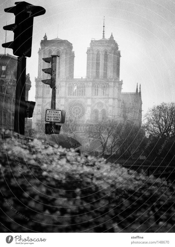 hail Notre Dame Paris France Traffic light Storm Rain Moody Black White Threat Apocalyptic sentiment Apocalypse Landmark Monument House of worship Hail Sadness